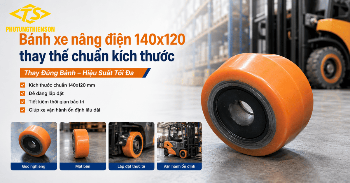 Bánh xe nâng điện 140x120 thay thế chuẩn kích thước