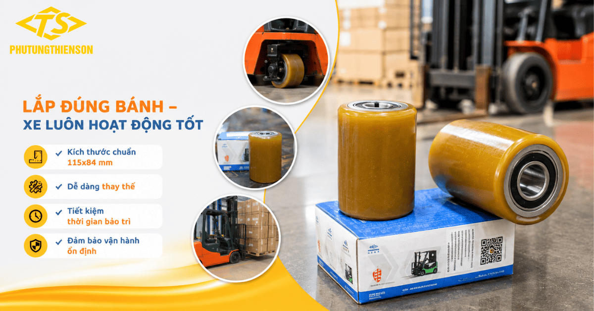 Bánh xe nâng điện 115x84 thay thế đúng kích thước tiêu chuẩn