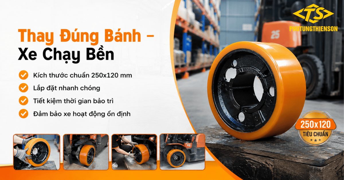 Bánh xe nâng tay 250x120 thay thế đúng kích thước tiêu chuẩn