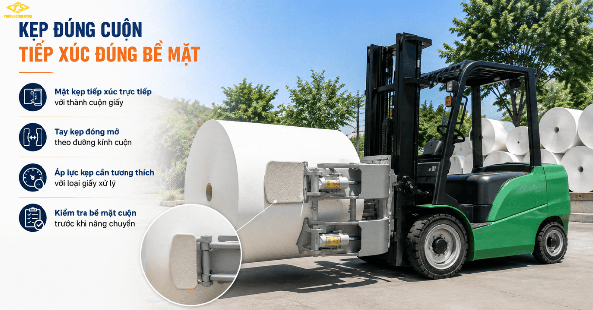Bộ công tác kẹp giấy xe nâng giữ cuộn bằng mặt kẹp chuyên dụng