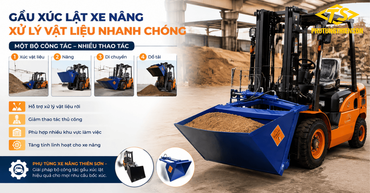 Gầu xúc lật xe nâng hỗ trợ bốc xúc vật liệu