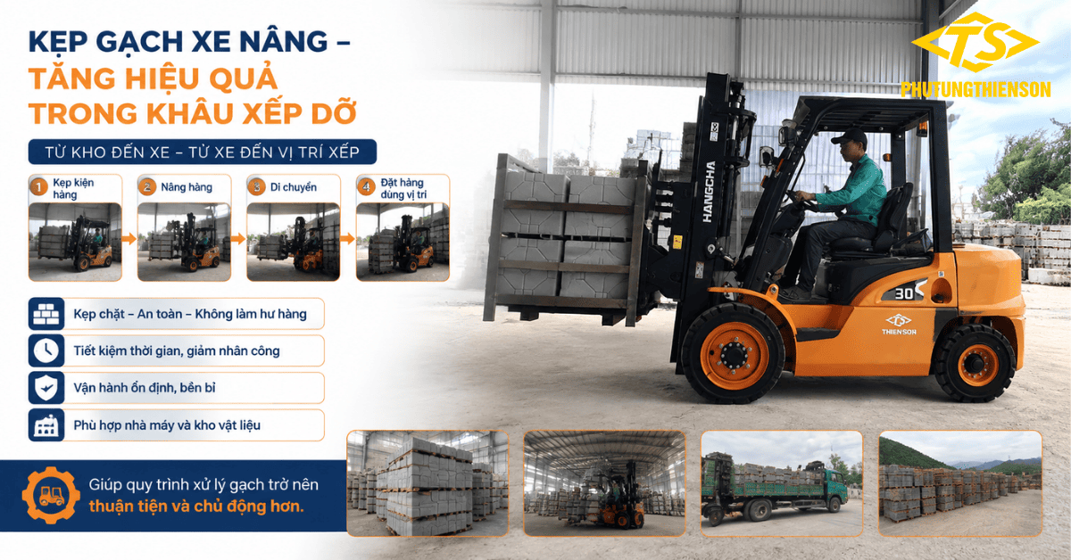 Kẹp gạch xe nâng cho nhà máy và kho vật liệu