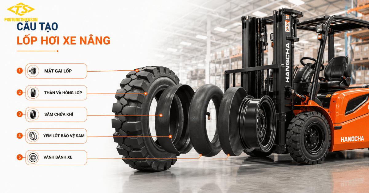 Lốp hơi xe nâng cấu tạo vỏ săm và yếm lót