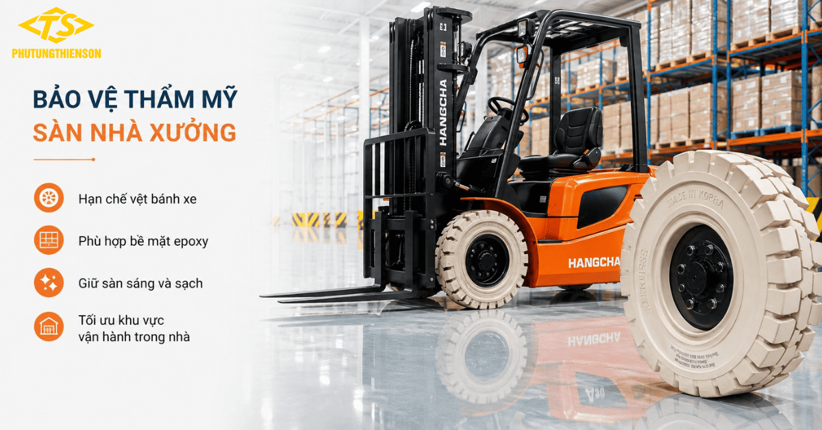 Lốp không vết xe nâng phù hợp sàn epoxy nhà xưởng