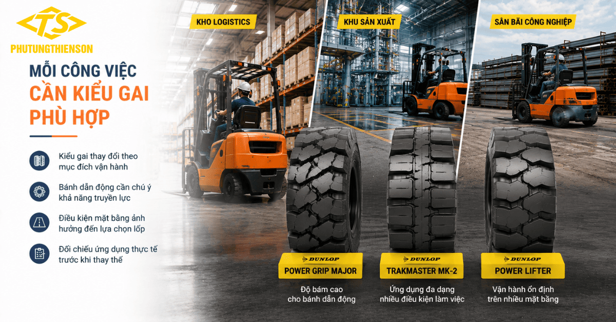 Lốp xe nâng Dunlop chọn kiểu gai theo điều kiện sử dụng