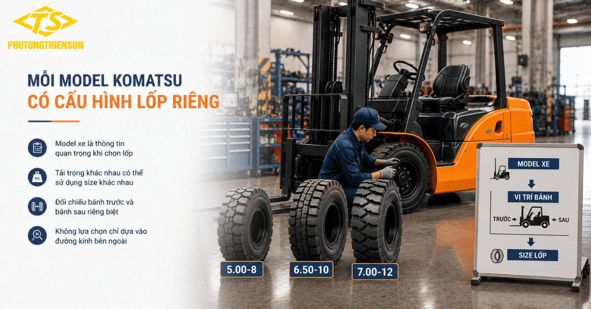 Lốp xe nâng Komatsu chọn size phù hợp theo từng model