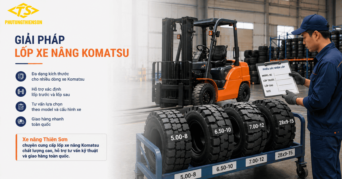 Lốp xe nâng Komatsu đa dạng size hỗ trợ chọn đúng loại tại Phụ tùng Thiên Sơn