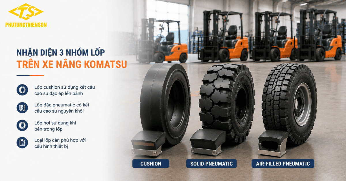Lốp xe nâng Komatsu gồm lốp đặc lốp hơi và cushion