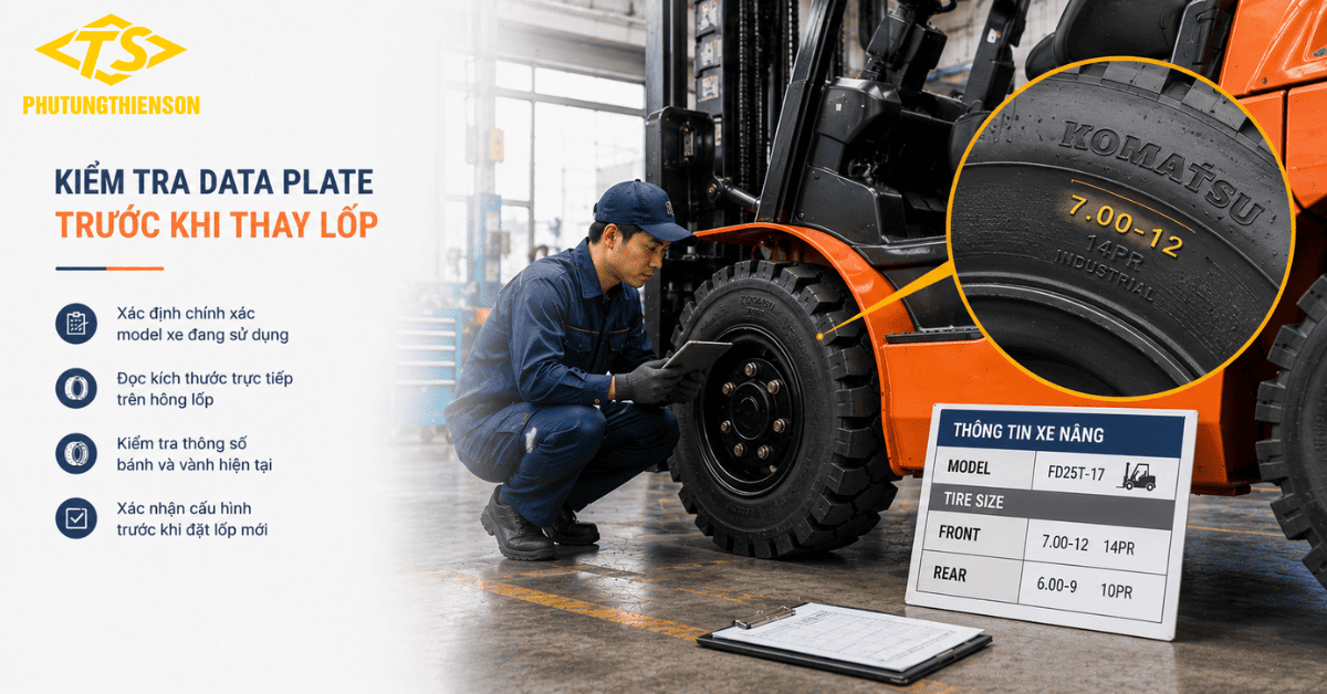 Lốp xe nâng Komatsu kiểm tra thông số trước khi thay