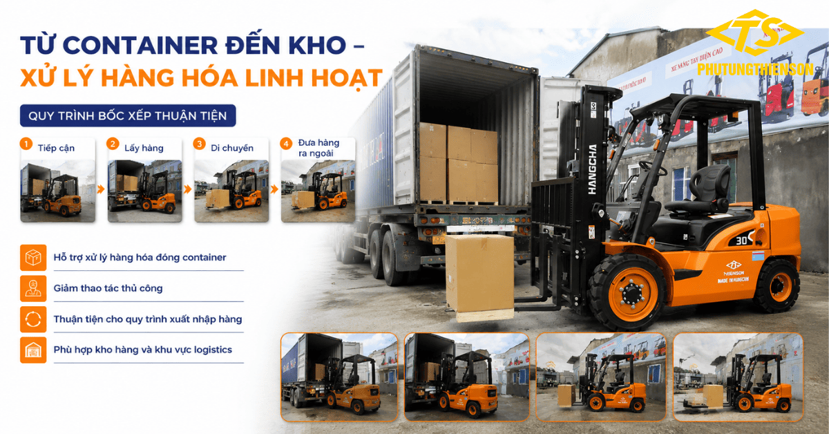Xe nâng lấy hàng trong container nhanh chóng