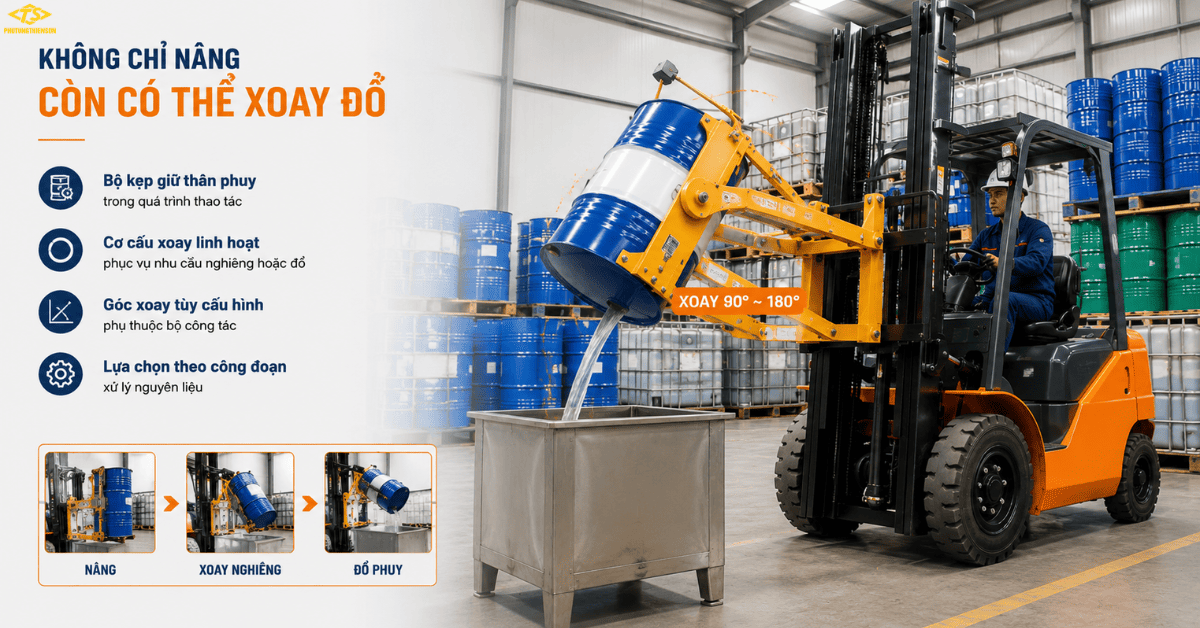 Xe nâng thùng phuy gắn bộ kẹp xoay