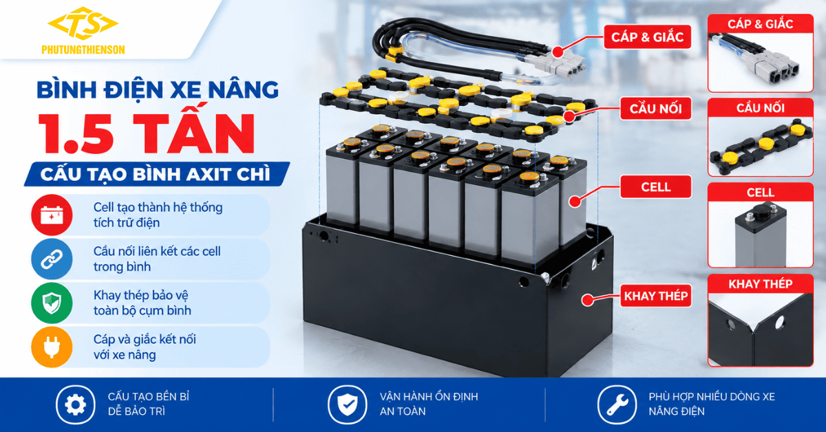 Bình điện xe nâng 1.5 tấn – Cấu tạo bình axit chì công nghiệp
