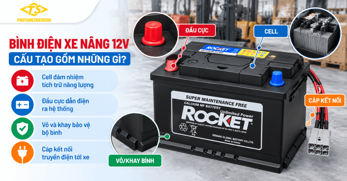Bình điện xe nâng 12V – Tìm hiểu cấu tạo và các bộ phận chính