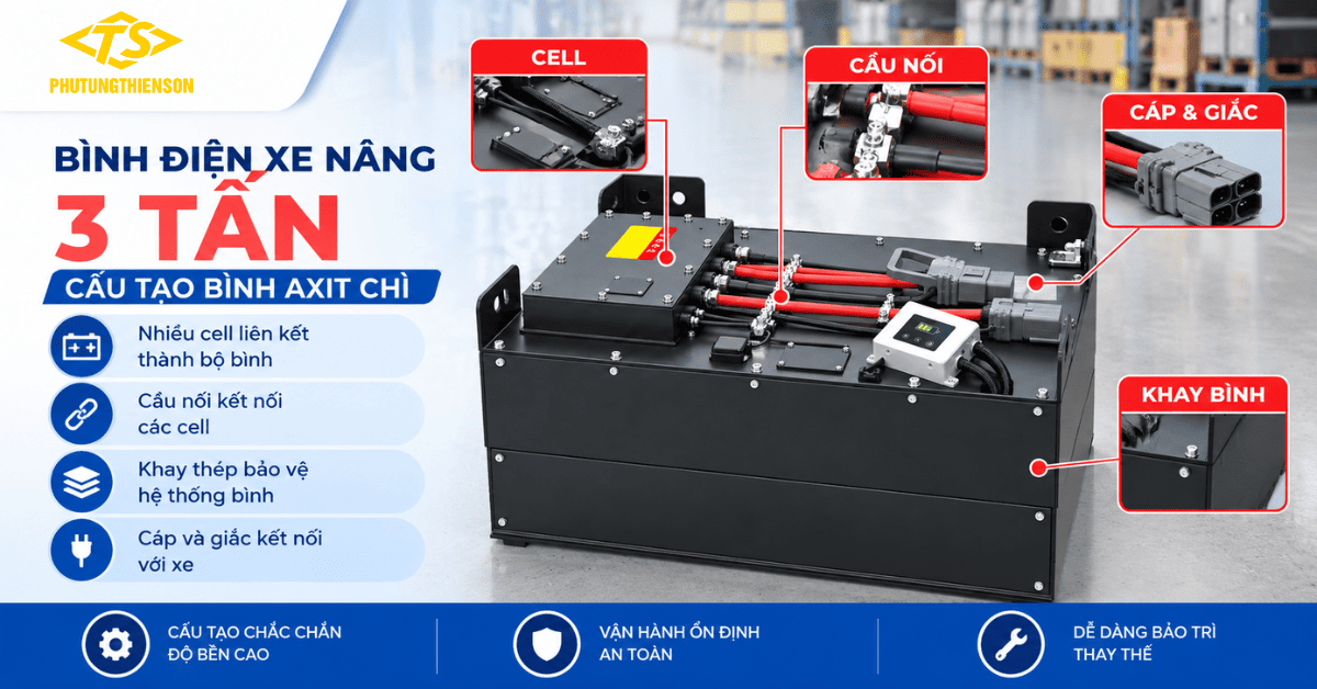 Bình điện xe nâng 3 tấn – Cấu tạo bình axit chì công nghiệp