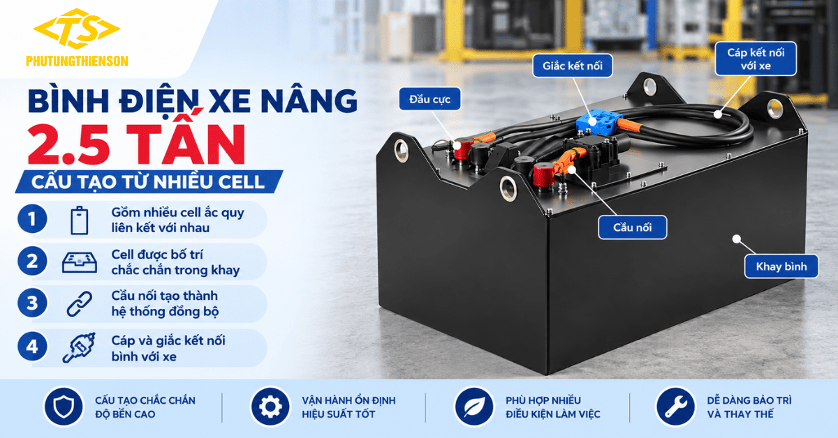 Cấu tạo bình điện xe nâng 2.5 tấn axit chì