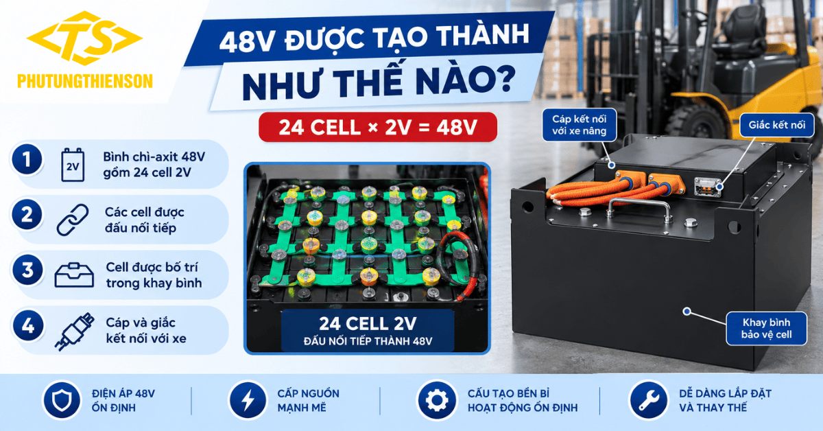 Cấu tạo bình điện xe nâng 48V gồm các cell ắc quy