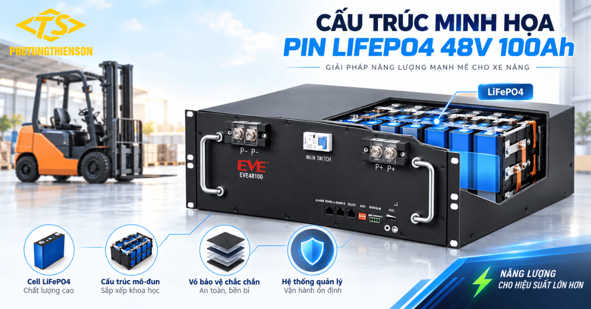 Pin LiFePo4 48V 100Ah và biểu tượng năng lượng